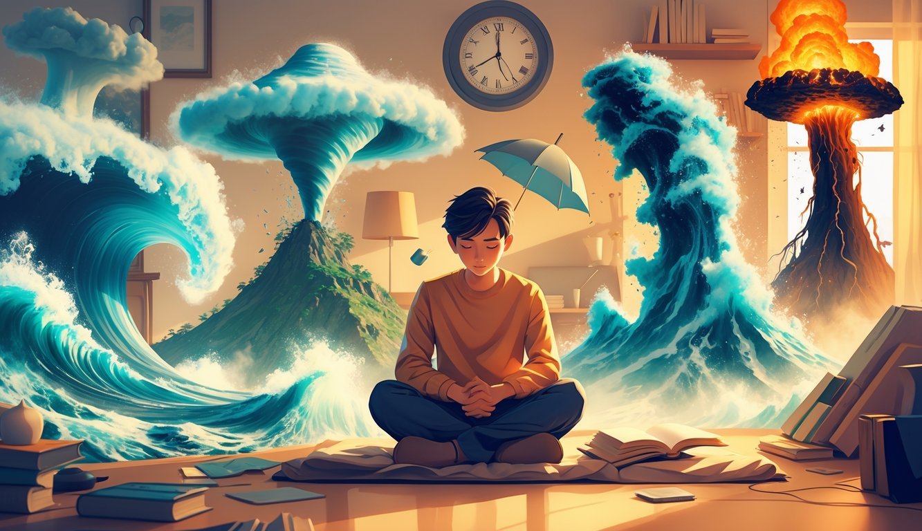 A person sitting calmly indoors surrounded by translucent images of a tornado, tsunami, volcanic eruption, and earthquake, representing different natural disaster dreams.