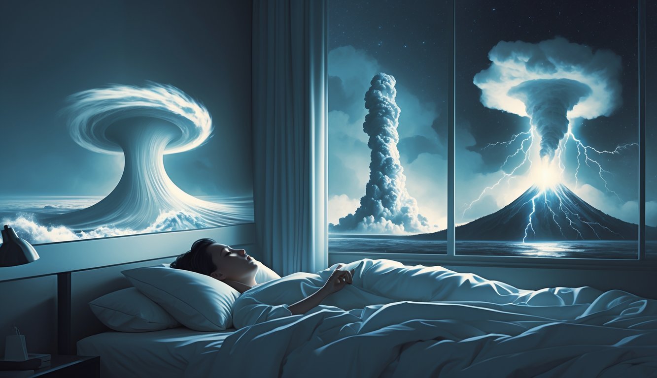 A person sleeping peacefully in a bedroom surrounded by faint images of a tornado, tsunami, volcano eruption, and lightning storm representing dreams about natural disasters.