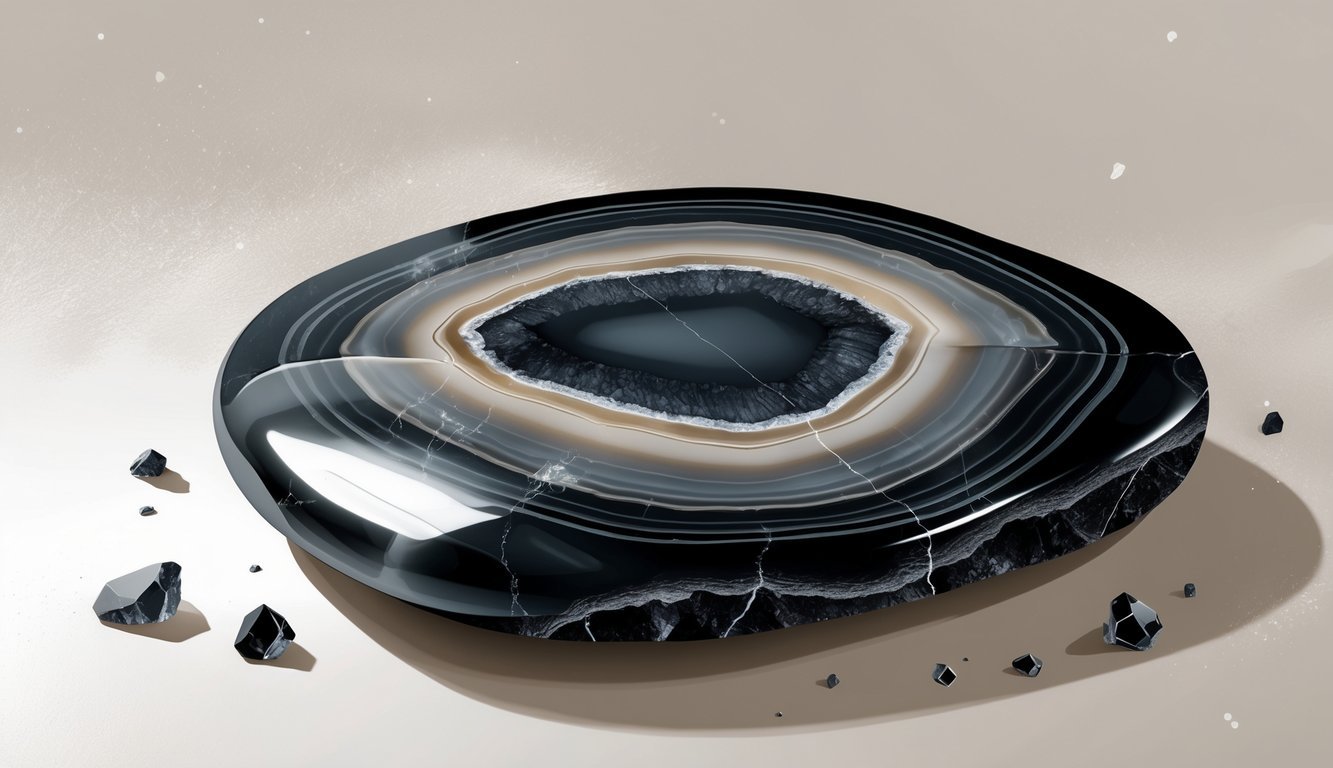 A polished black agate stone with dark banding patterns resting on a neutral background.