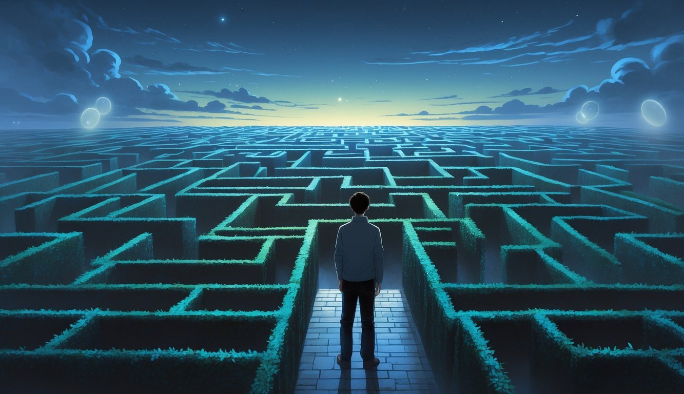 A person standing at the entrance of a large, complex hedge maze under a twilight sky, looking thoughtfully into the winding pathways.