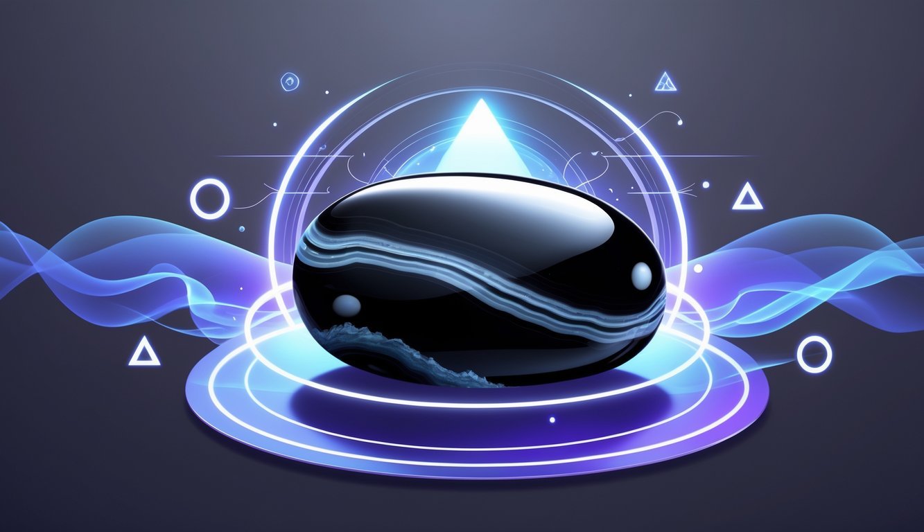 A polished black agate stone surrounded by glowing energy waves and subtle geometric shapes, set against a dark gradient background.