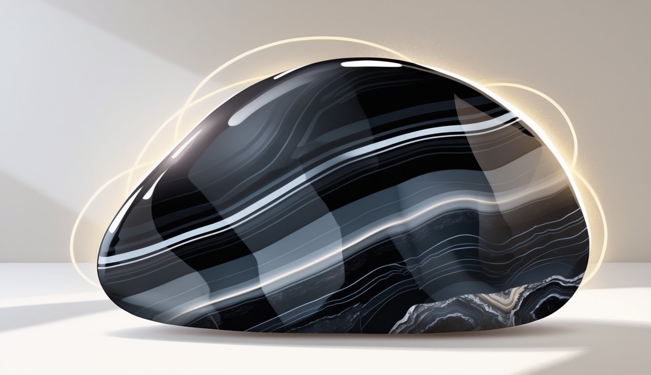 A polished black agate stone with natural banding and a smooth, glossy surface on a clean background.