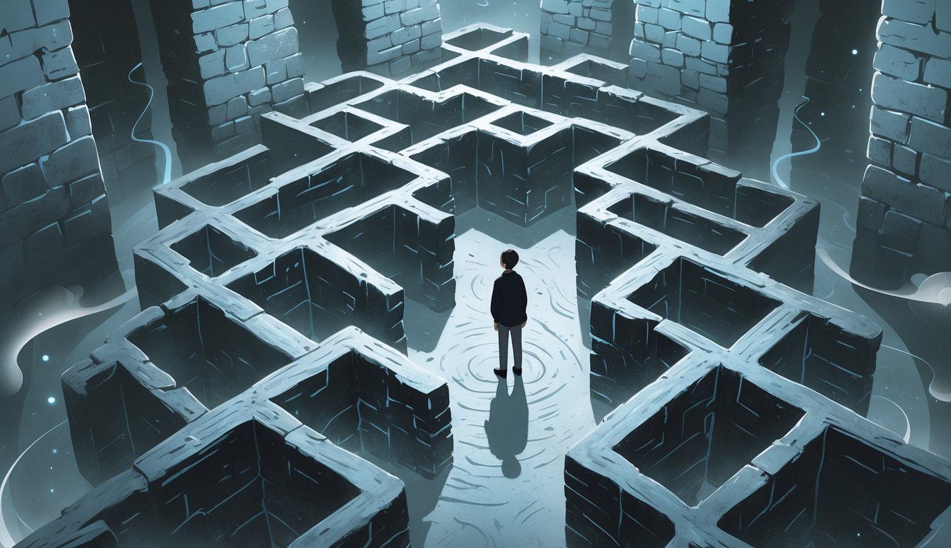 A person standing thoughtfully in the center of a large, intricate maze with winding paths and high walls, surrounded by soft mist and glowing lights.