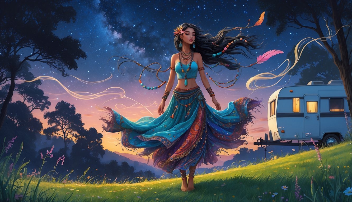 A young woman with flowing dark hair and colorful clothing stands barefoot on a grassy hill under a starry twilight sky, with wildflowers around her and a vintage caravan among trees in the background.