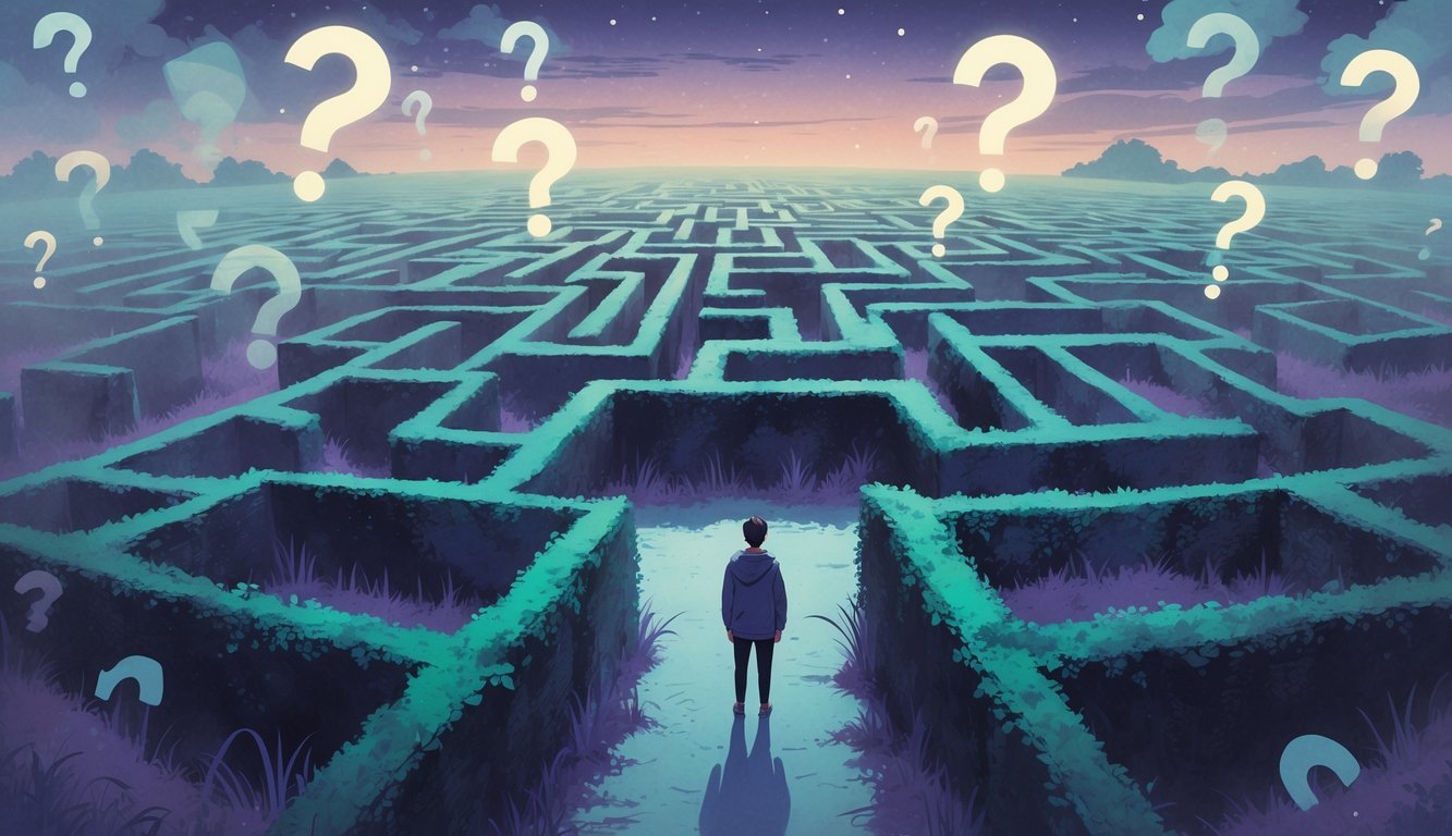 A person standing at the entrance of a large, complex maze under a twilight sky, surrounded by winding pathways and soft shadows.