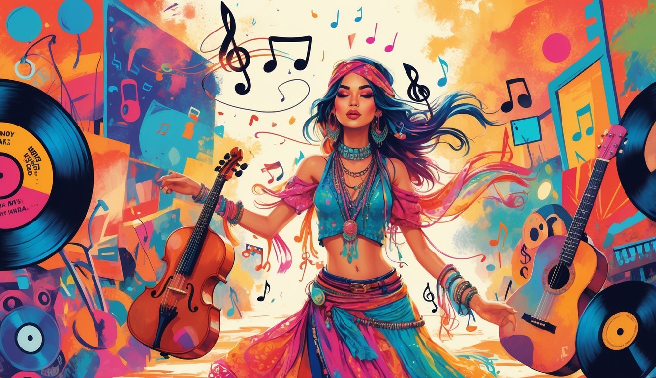 A young woman dressed in colorful bohemian clothing surrounded by musical instruments and artistic symbols in a lively outdoor festival setting.