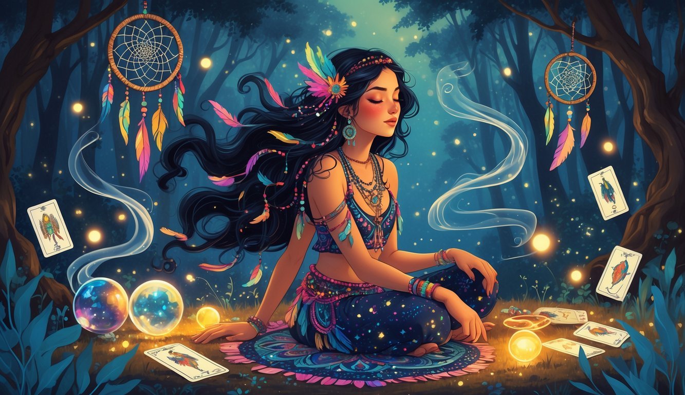 A young woman dressed in colorful bohemian clothes surrounded by mystical objects like a crystal ball, tarot cards, and dreamcatchers in a twilight forest with glowing fireflies.