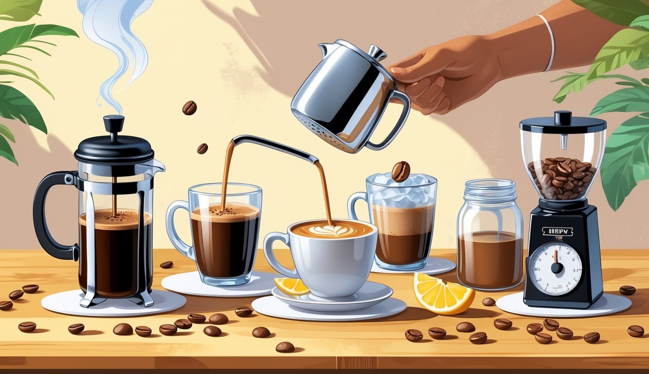 A table displaying five different coffee setups demonstrating various coffee preparation techniques and enhancements.