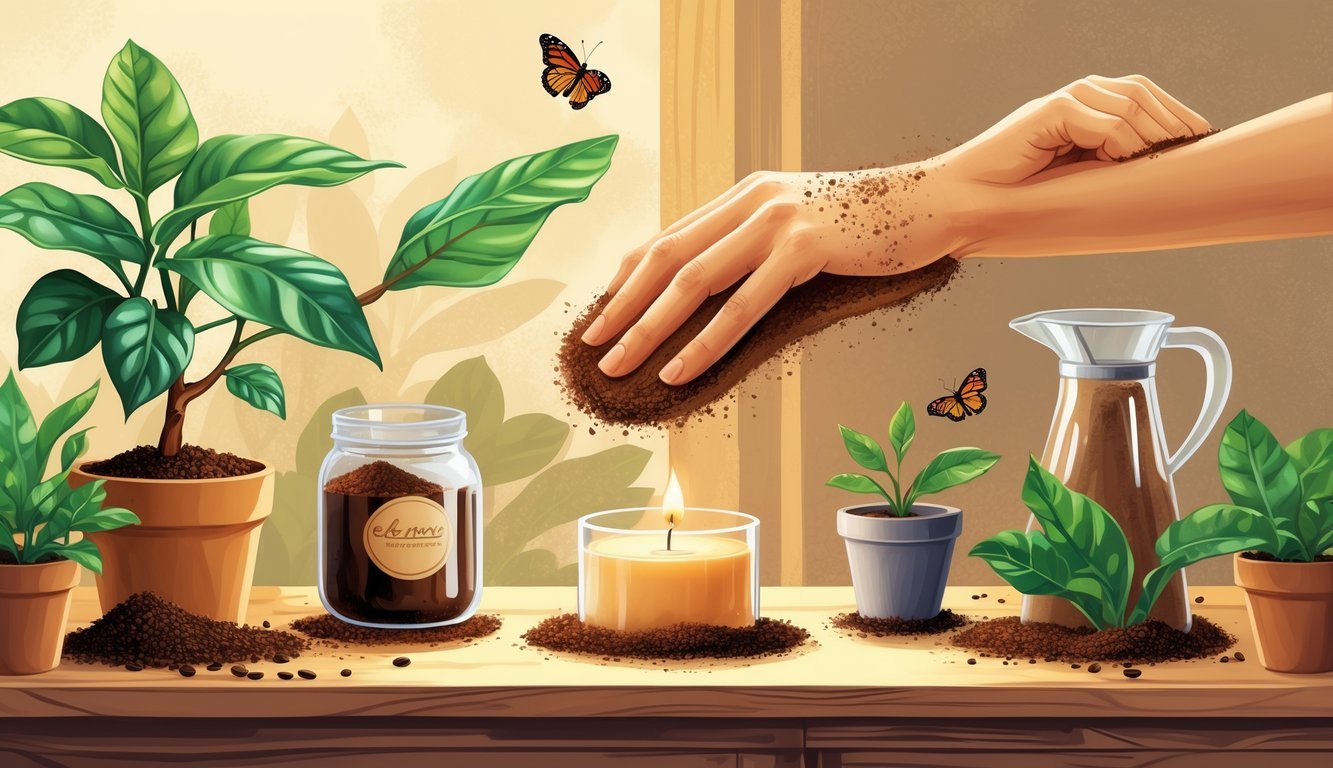 Five scenes showing different creative uses for coffee grounds including plant fertilizer, skin scrub, insect repellent, candle making, and wood staining.