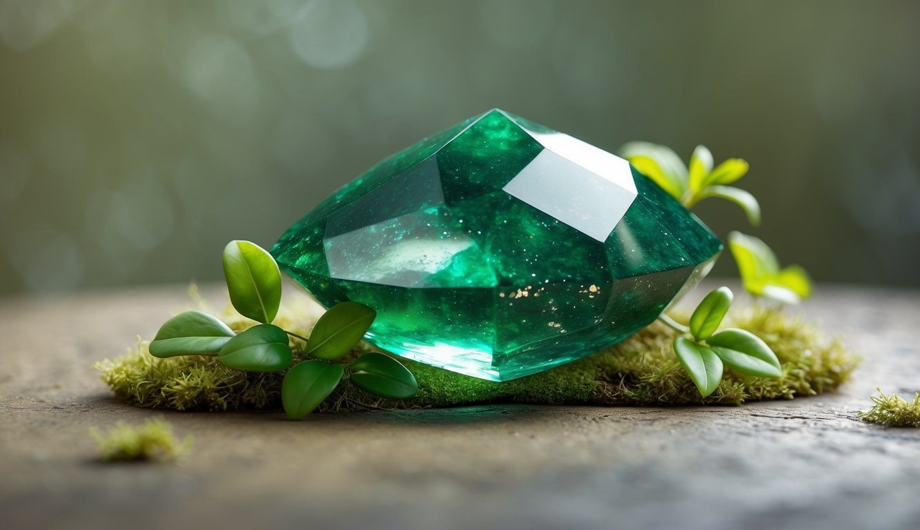 A polished green aventurine gemstone resting on a natural surface surrounded by green leaves and moss.