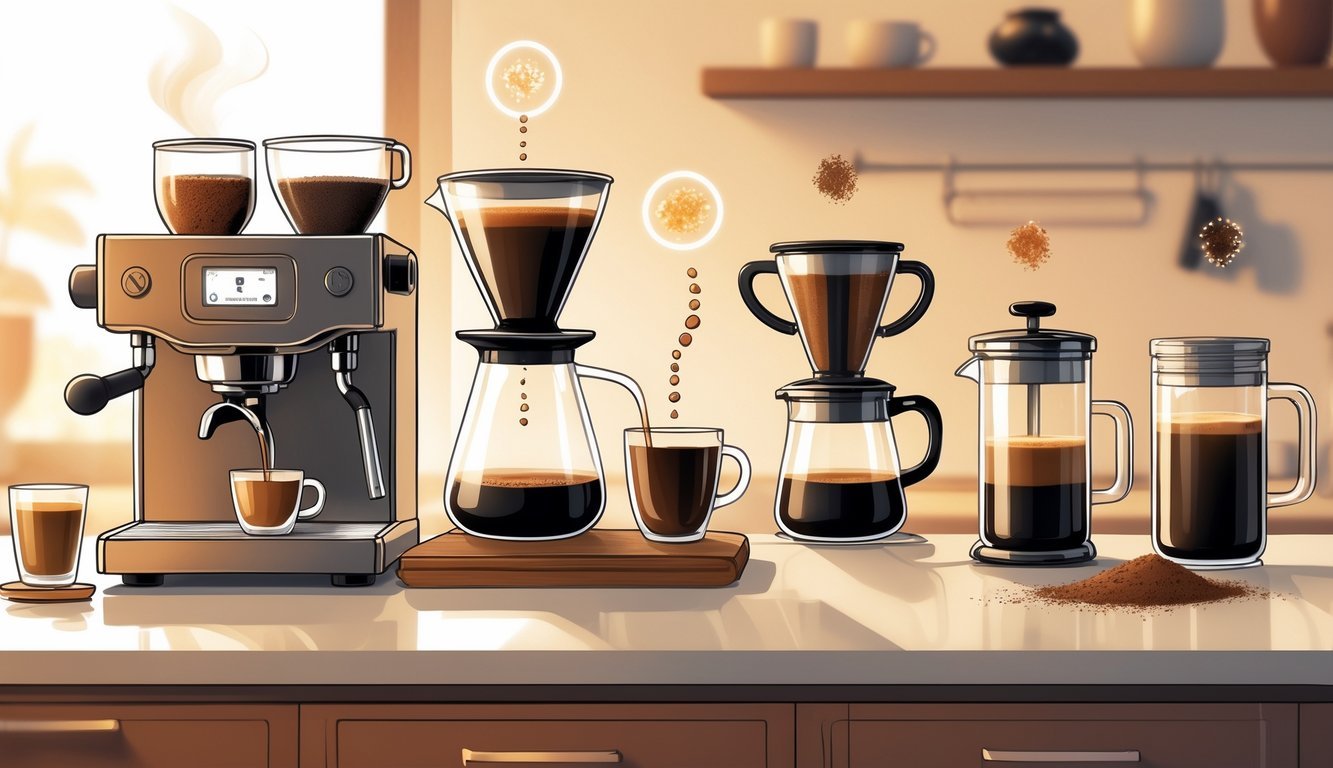 A kitchen countertop with coffee-making tools including an espresso machine, pour-over setup, French press, cinnamon being sprinkled into coffee, and a cold brew glass with ice.