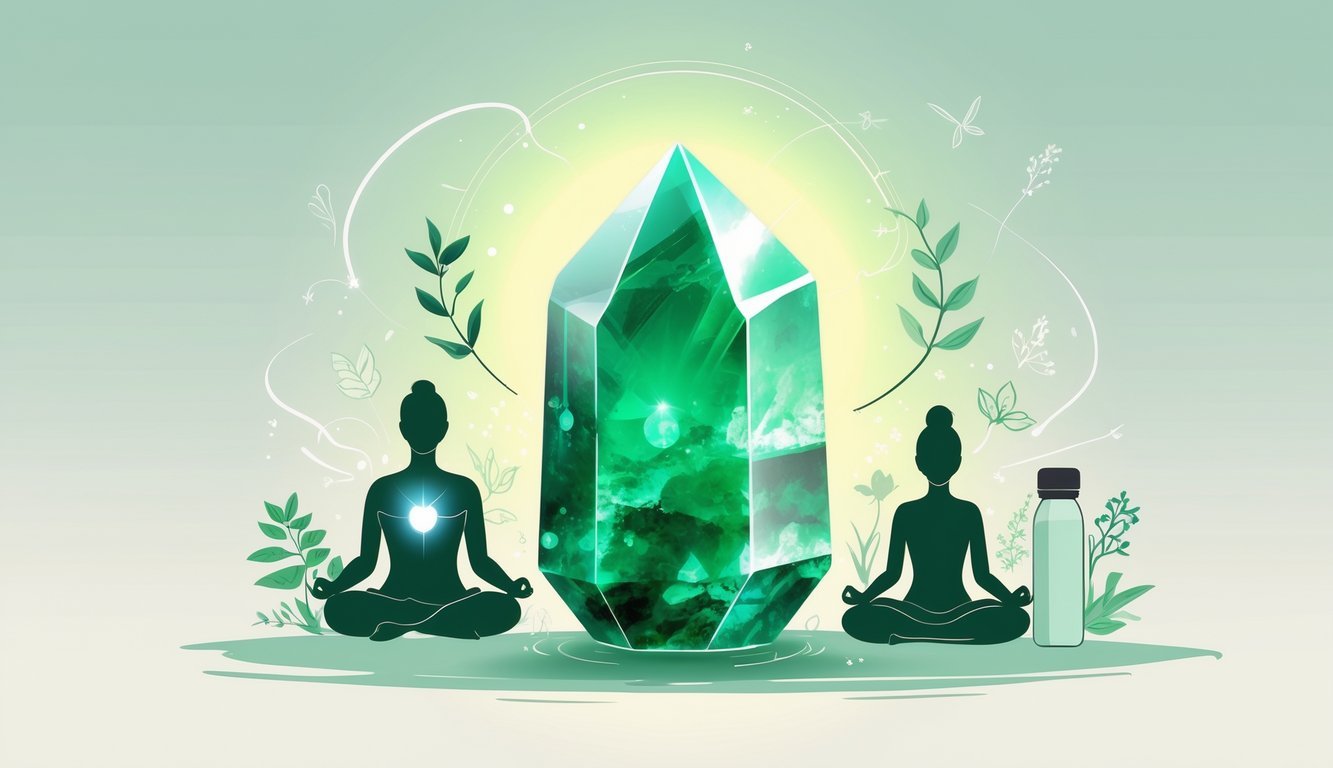 A polished green aventurine crystal surrounded by symbols of healing and everyday use, including a meditating figure, plants, and daily items.