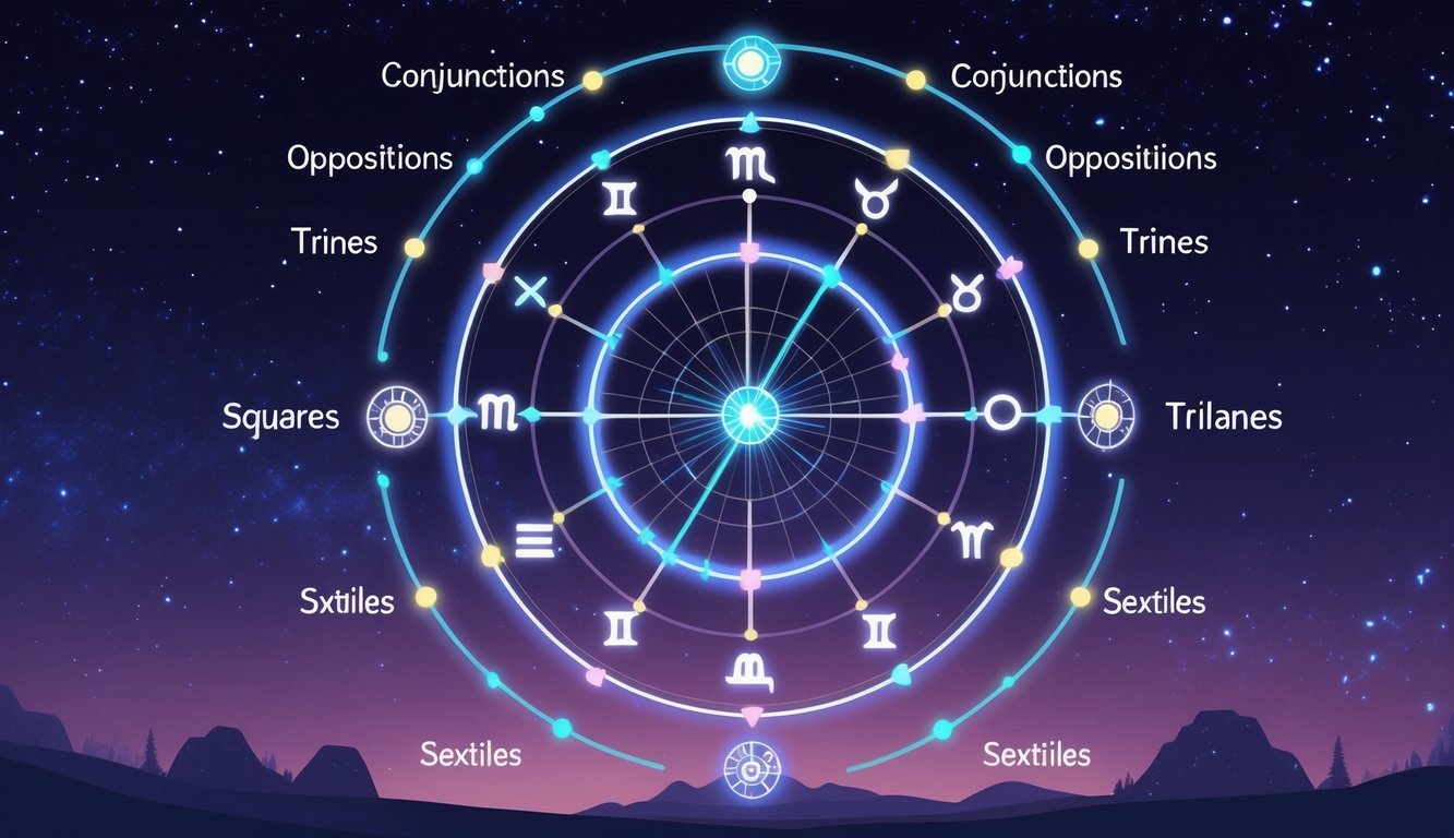 A detailed illustration of a zodiac wheel with connecting lines showing relationships between different zodiac signs against a starry night sky.