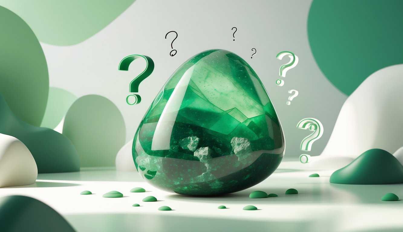 A polished green aventurine stone surrounded by subtle question mark symbols on a clean background.
