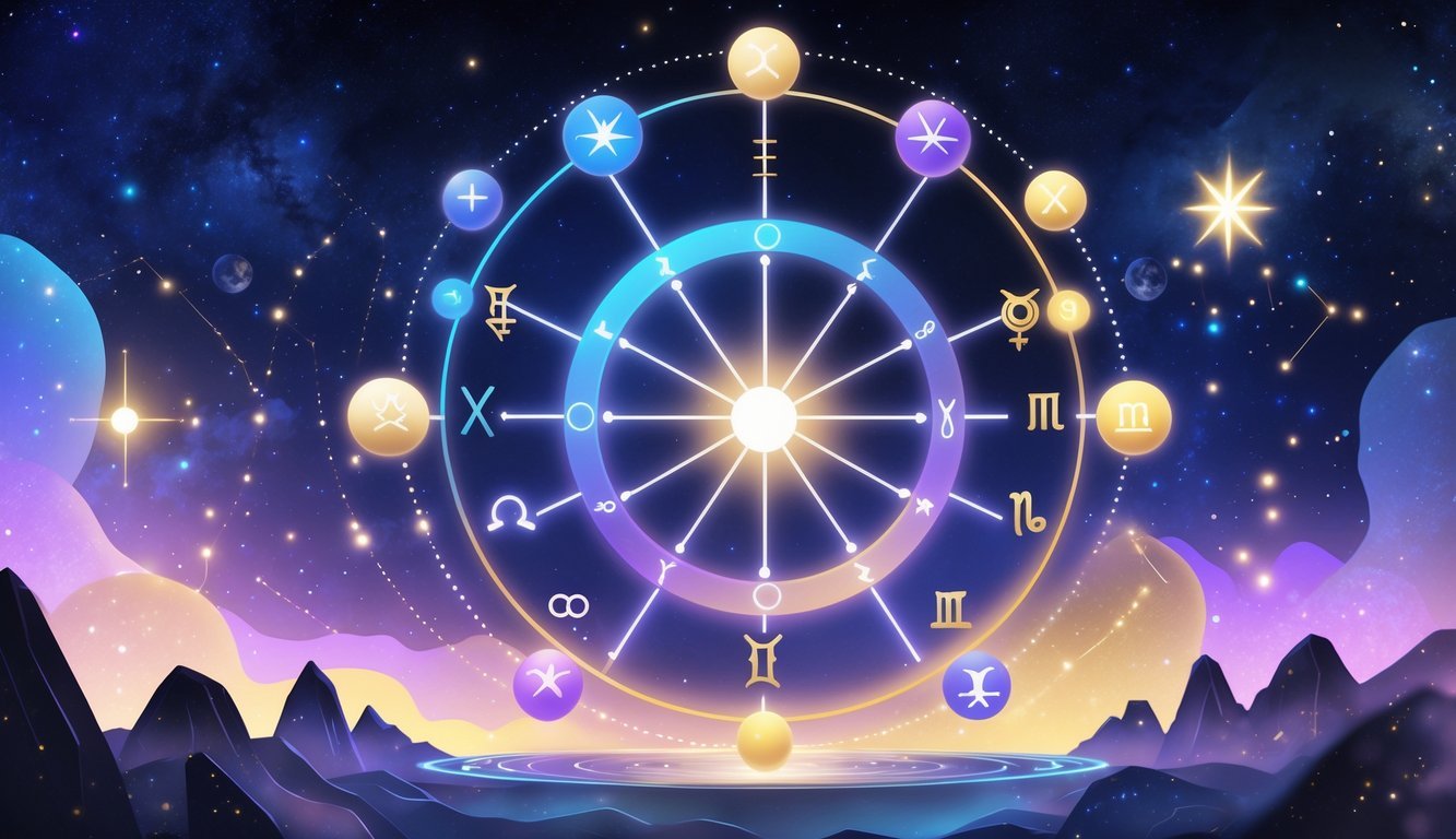 A celestial zodiac wheel surrounded by colorful geometric lines connecting different zodiac signs, representing various astrology aspects and their influences.