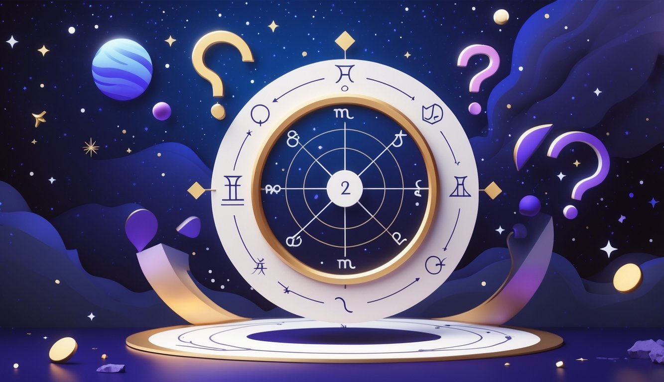 An astrological chart with interconnected lines and zodiac symbols against a starry night sky, surrounded by floating question marks and cosmic elements.
