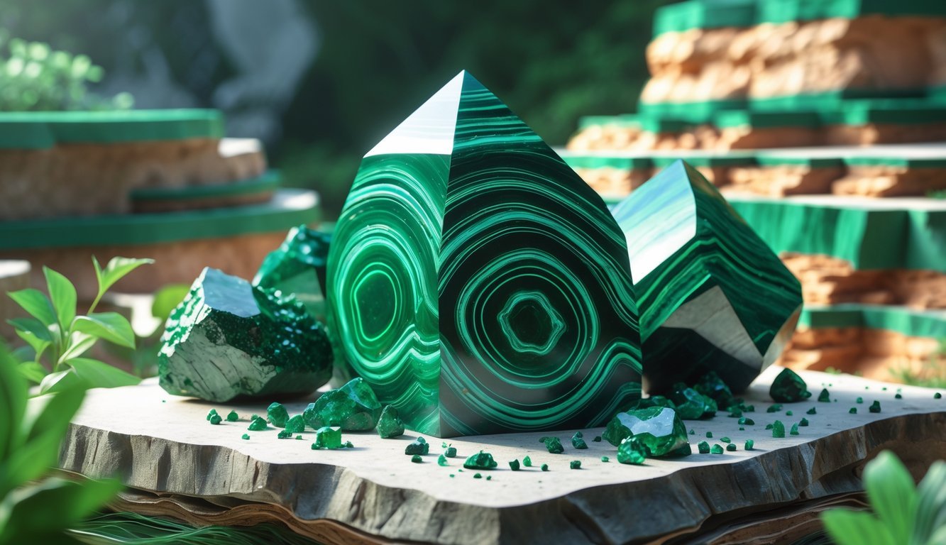 An illustration showing green malachite mineral with banded patterns, surrounded by rock layers representing its formation process.