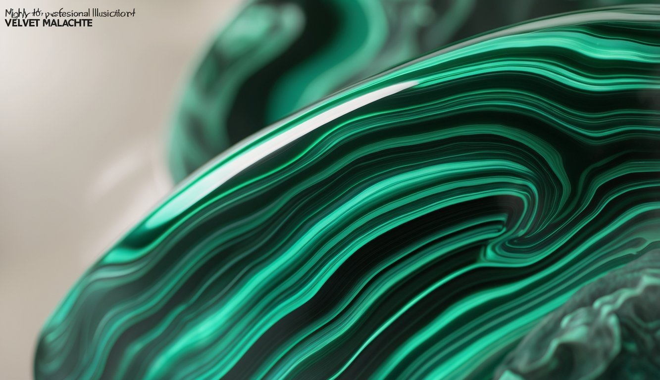 Close-up of a polished velvet malachite stone showing deep green swirling patterns and a soft texture.