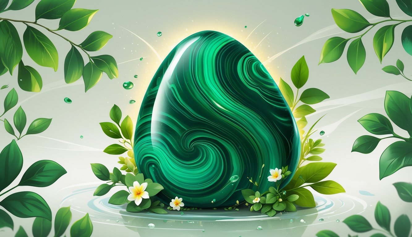 A polished green malachite gemstone surrounded by leaves, flowers, and water droplets symbolizing beauty and healing.