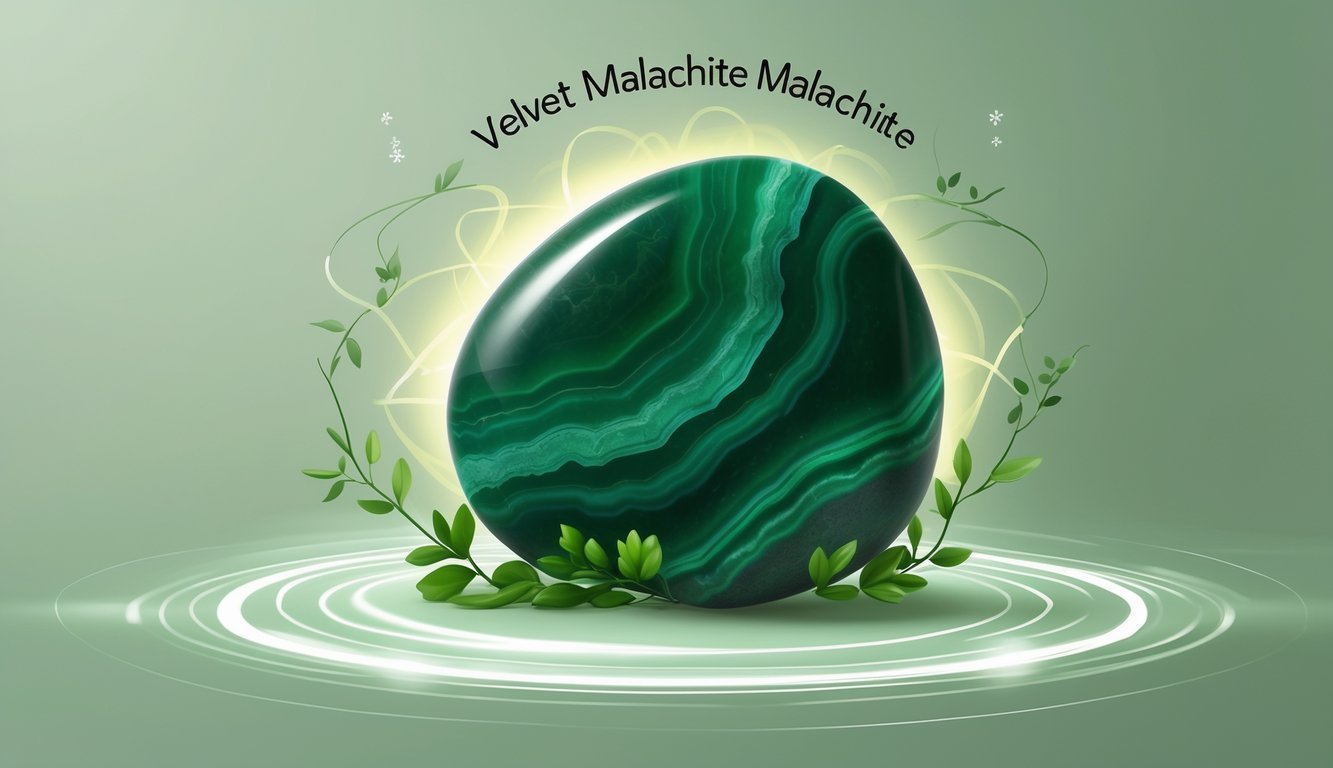 A polished velvet malachite stone surrounded by glowing energy waves and symbols representing healing, growth, and spiritual balance.