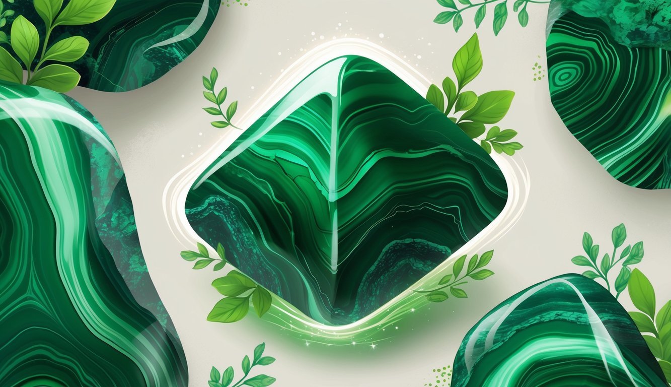 Close-up view of vibrant green malachite stones with swirling patterns surrounded by soft glowing light and small green leaves.