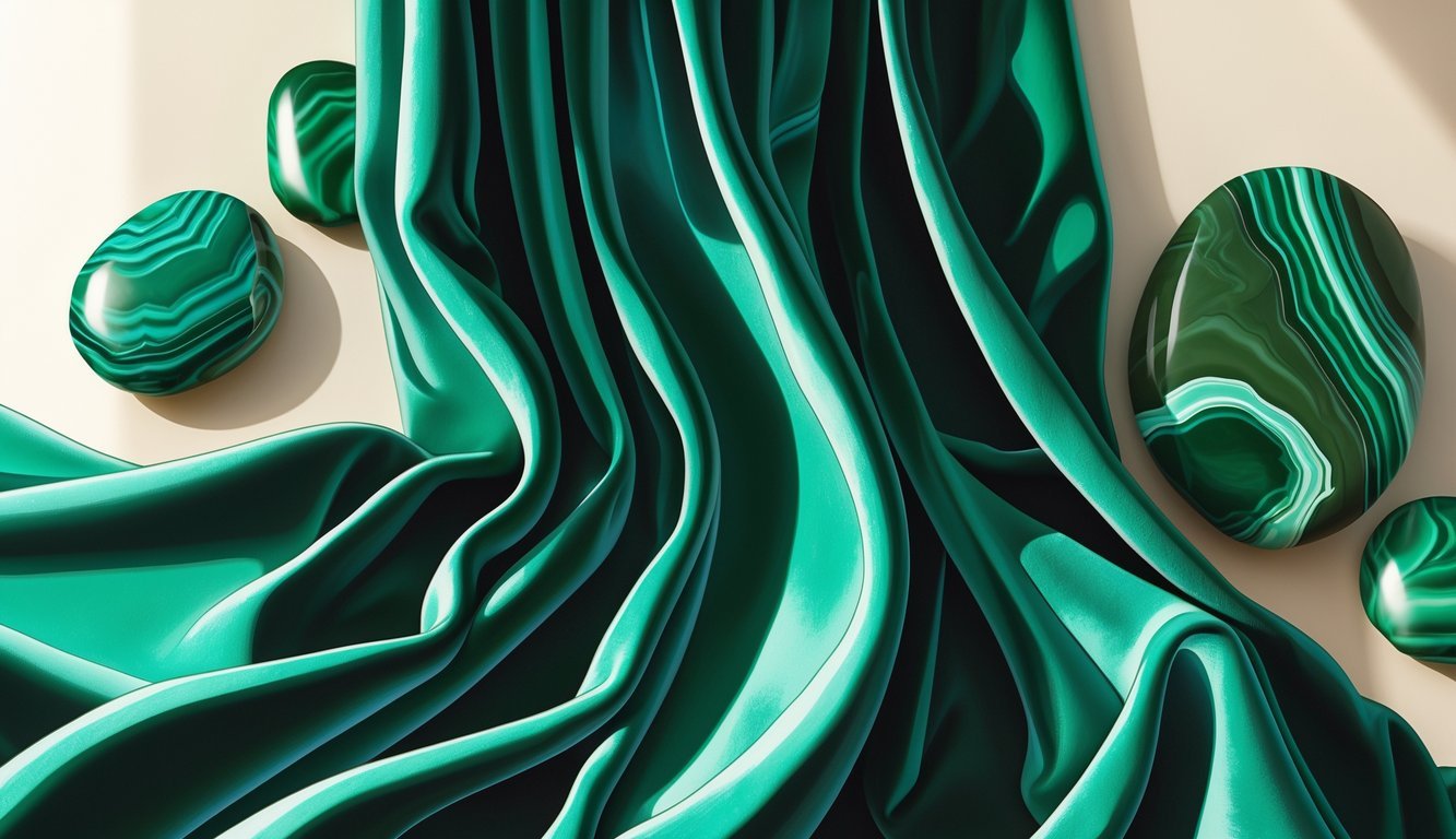 A close-up view of deep green velvet fabric draped next to polished green malachite stones with swirling patterns.