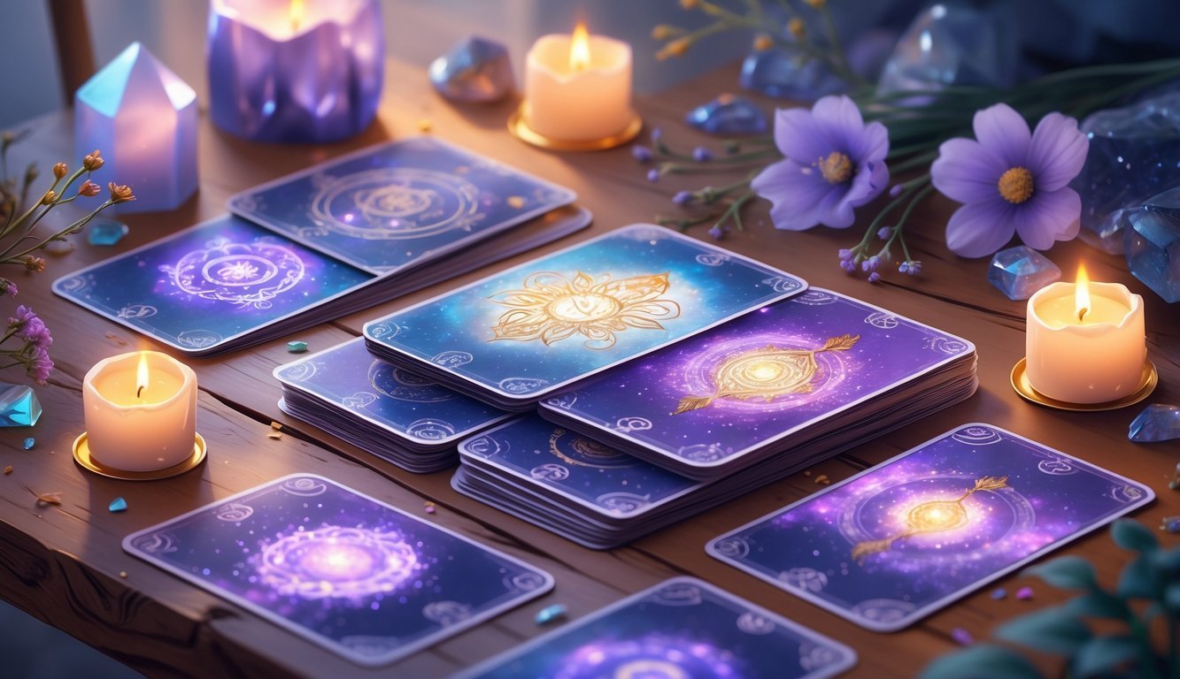 A spread of oracle cards on a wooden table surrounded by crystals, candles, and flowers.