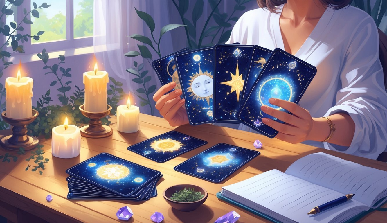 A person sitting at a table holding a spread of oracle cards surrounded by candles, crystals, and an open journal in a softly lit room.