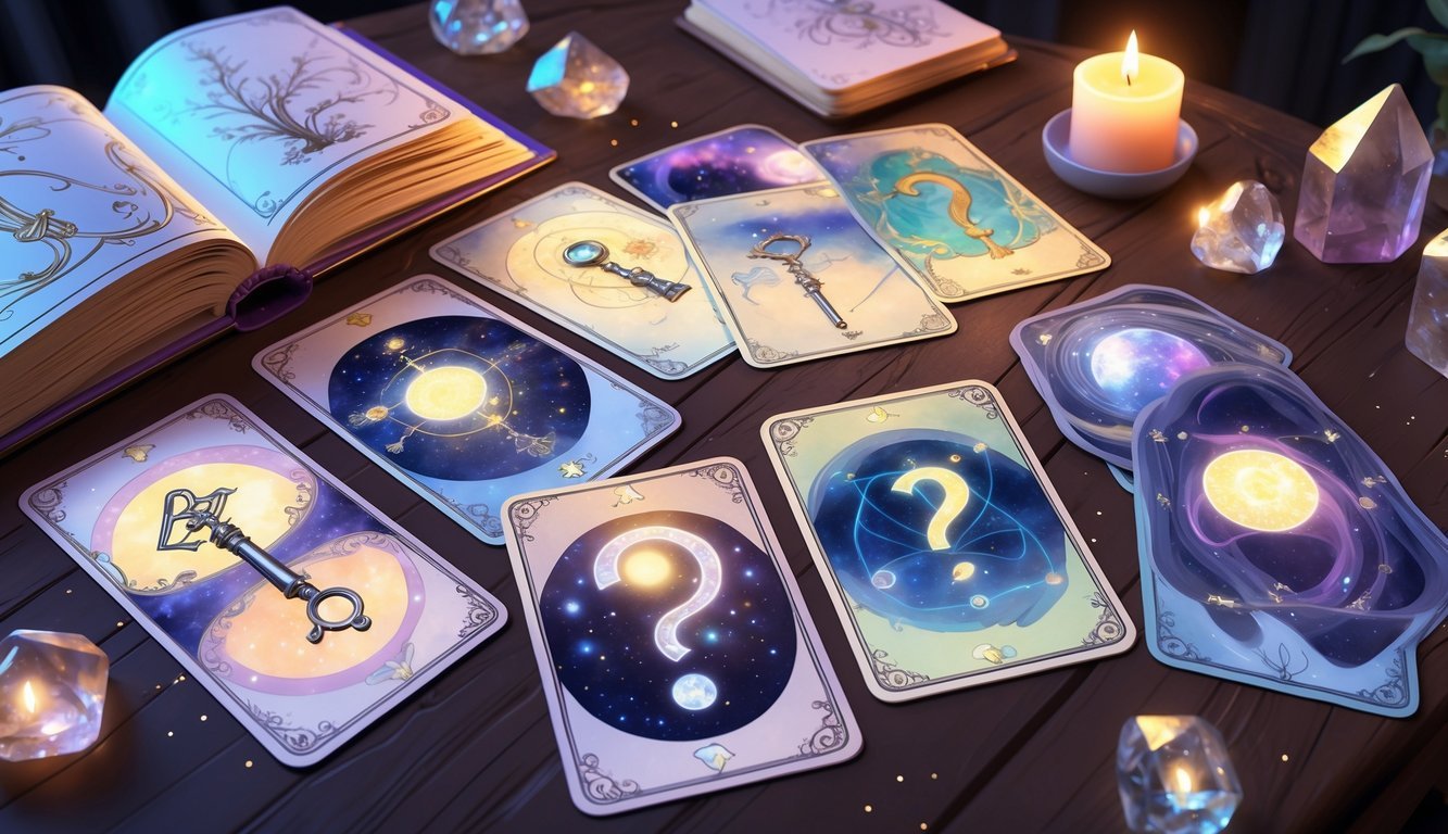A spread of oracle cards with mystical symbols on a wooden table, surrounded by crystals, a lit candle, and an open book.