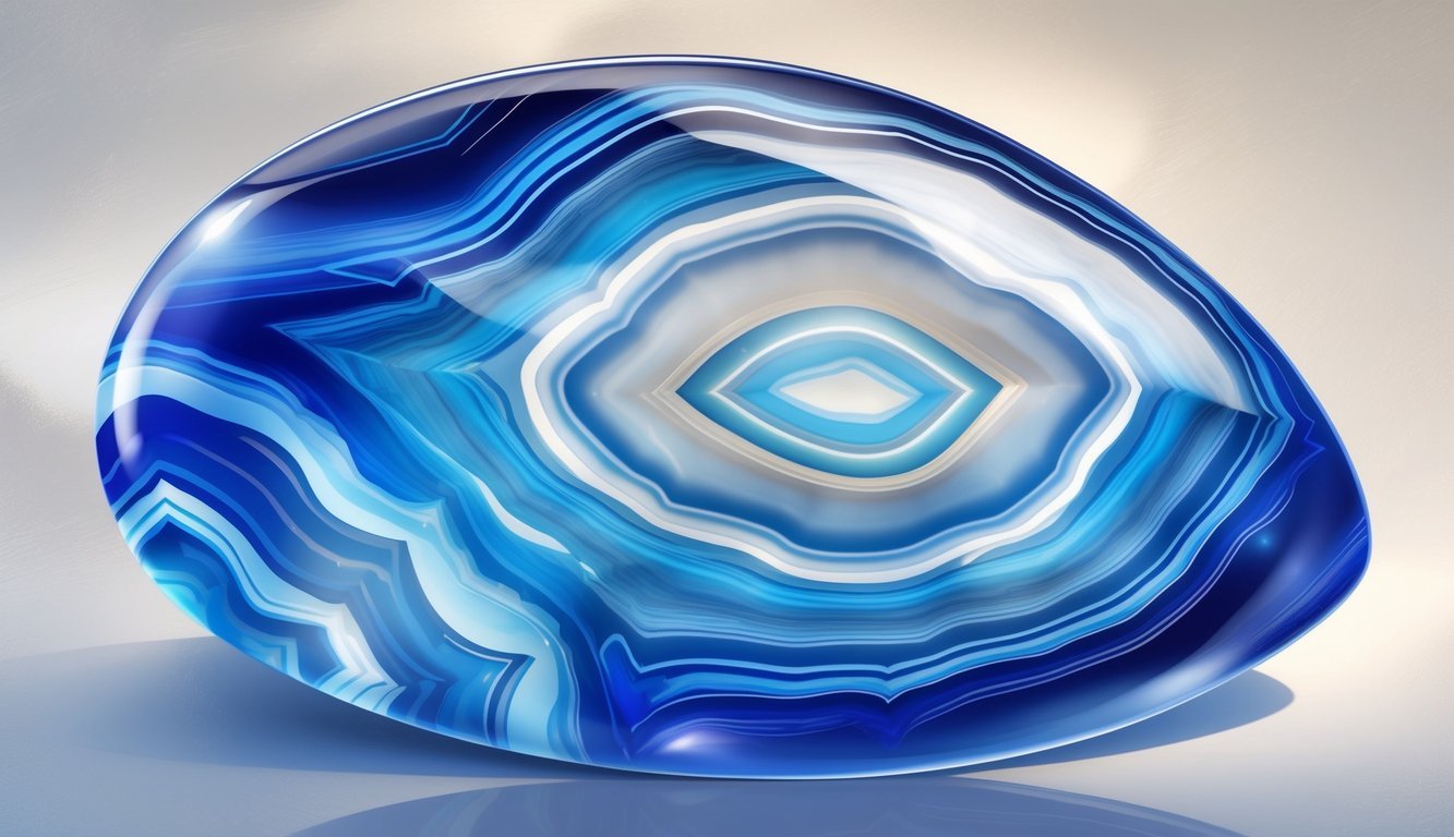 A polished blue agate crystal with layered blue and white bands on a neutral background.