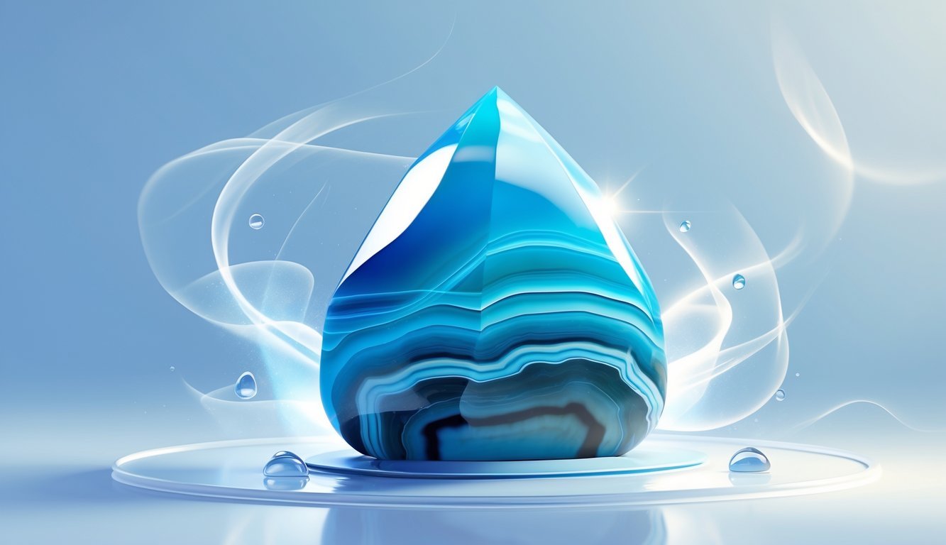 A polished blue agate crystal with blue and white bands surrounded by soft glowing light and gentle mist on a light blue and white background.