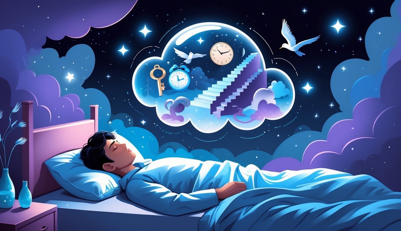 A person sleeping peacefully with a dream bubble above their head containing symbols like a bird, clock, key, staircase, and river.
