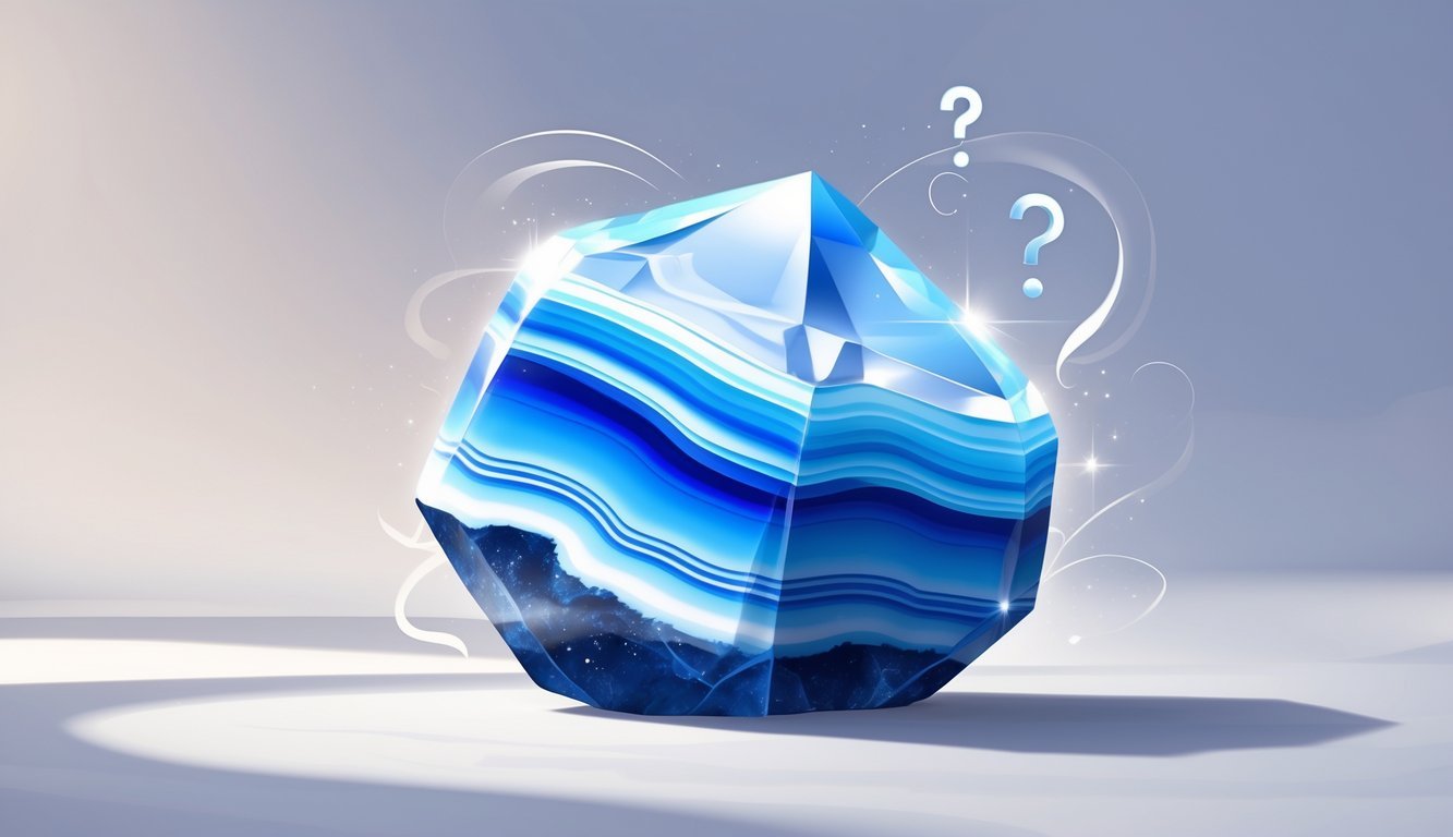A detailed blue agate crystal with layered patterns and polished surface on a neutral background.
