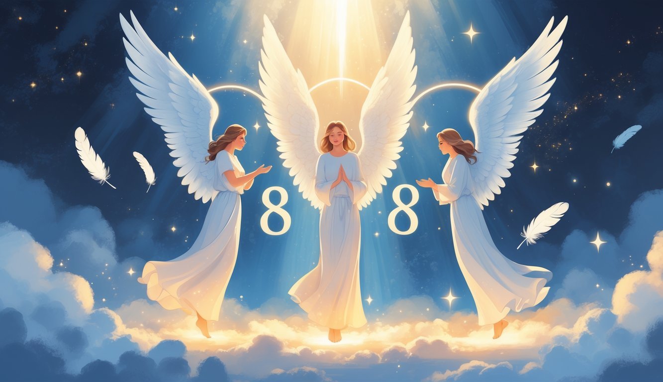 Three glowing angelic figures surrounded by soft celestial light and ethereal symbols, set against a peaceful, radiant sky.