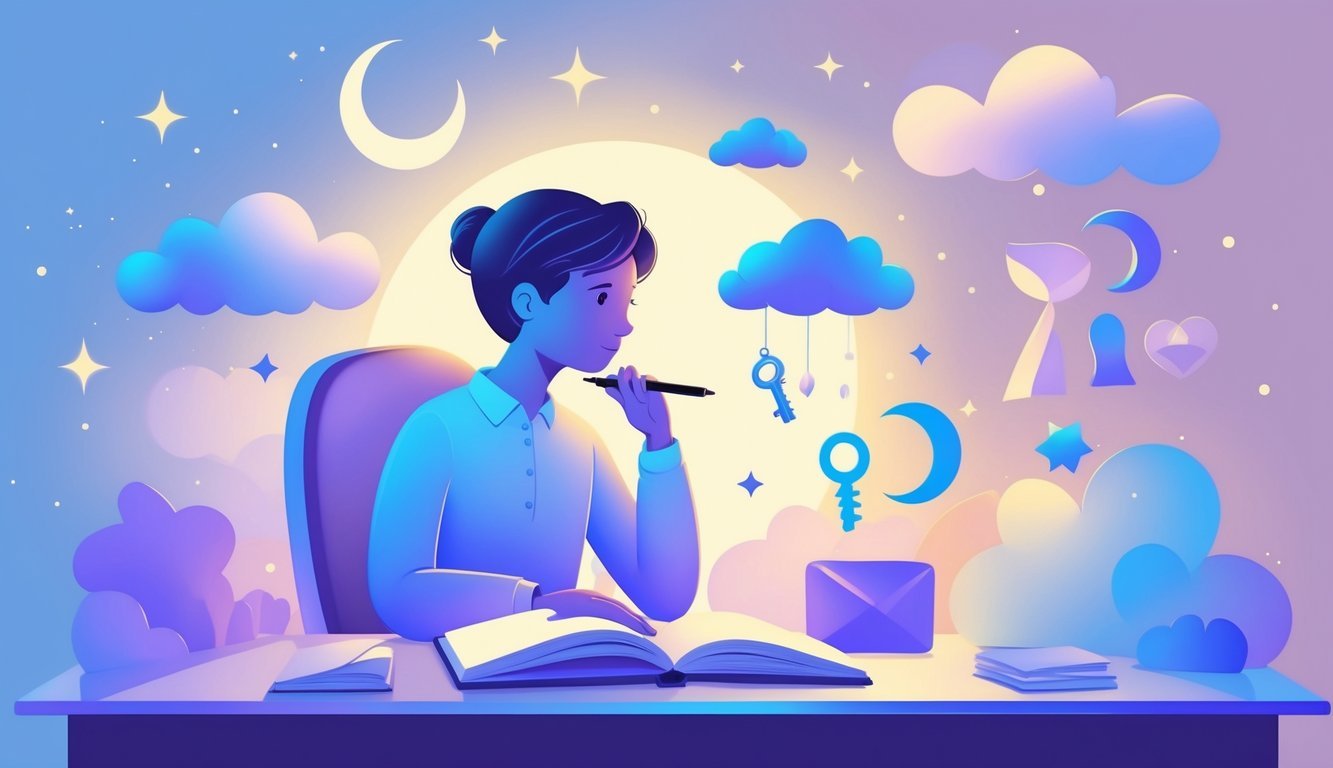 A person sitting at a desk surrounded by dream symbols like clouds, stars, a crescent moon, keys, eyes, and doors, appearing thoughtful and focused.