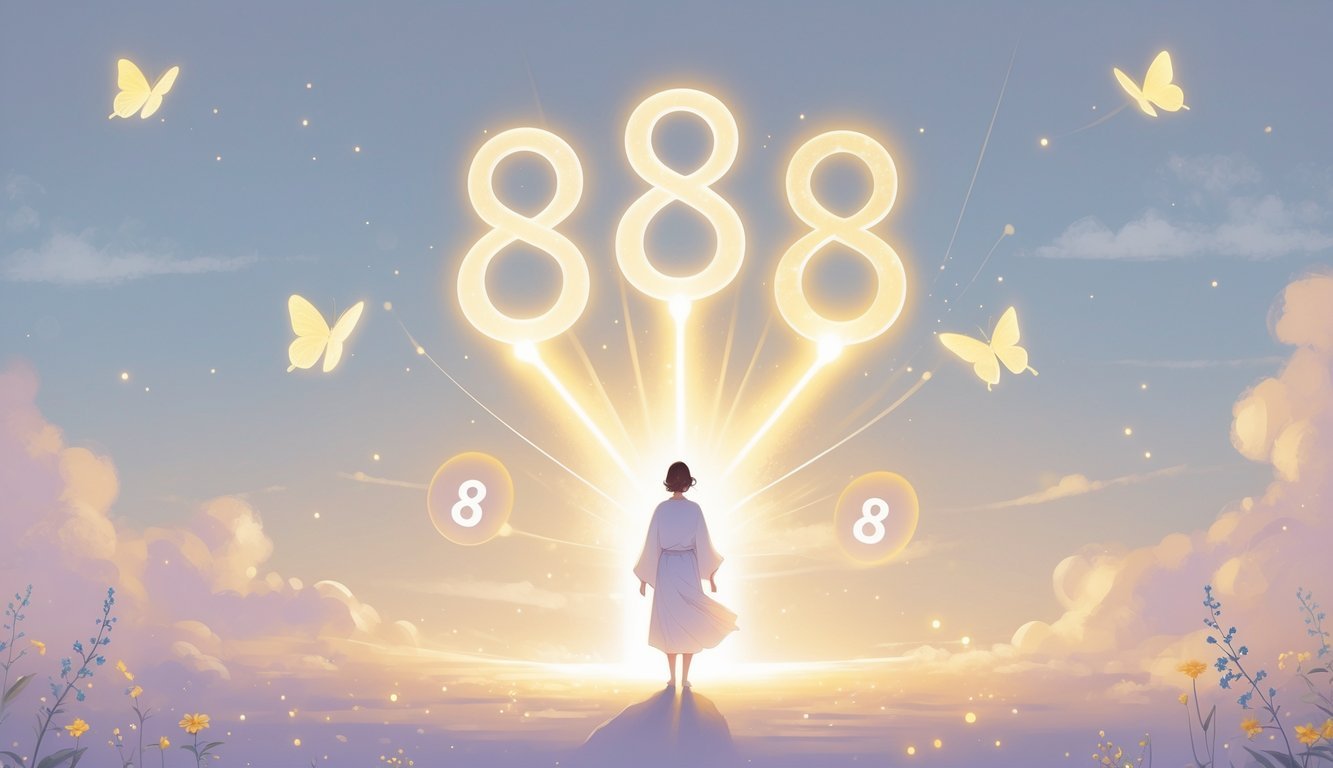 A person surrounded by glowing numbers 8, 3, and 8 with light beams connecting them, set against a peaceful dawn sky with symbols of balance and transformation nearby.