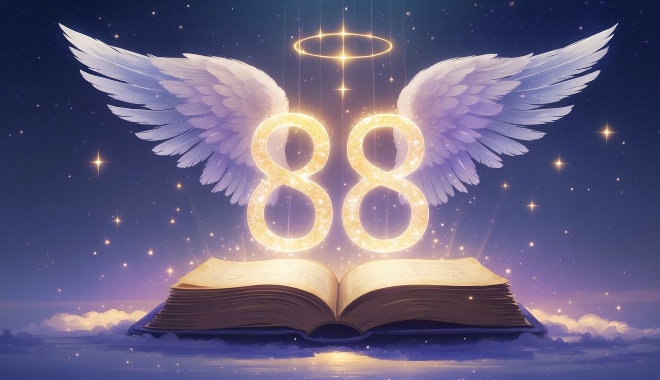 A glowing number 838 floating above an open ancient book with angel wings surrounding it, set against a starry sky with beams of light shining down.