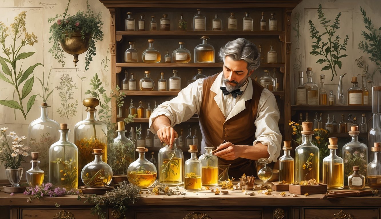 A perfumer in a vintage workshop blends natural ingredients using antique tools surrounded by bottles, dried herbs, and botanical illustrations.