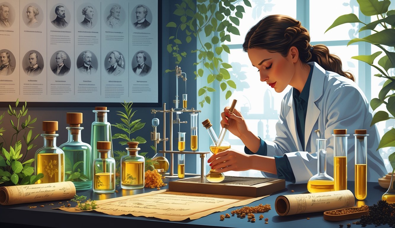 A perfumer in a lab coat mixes ingredients in a laboratory filled with vintage perfume bottles, ancient scrolls, scientific equipment, and aromatic plants.