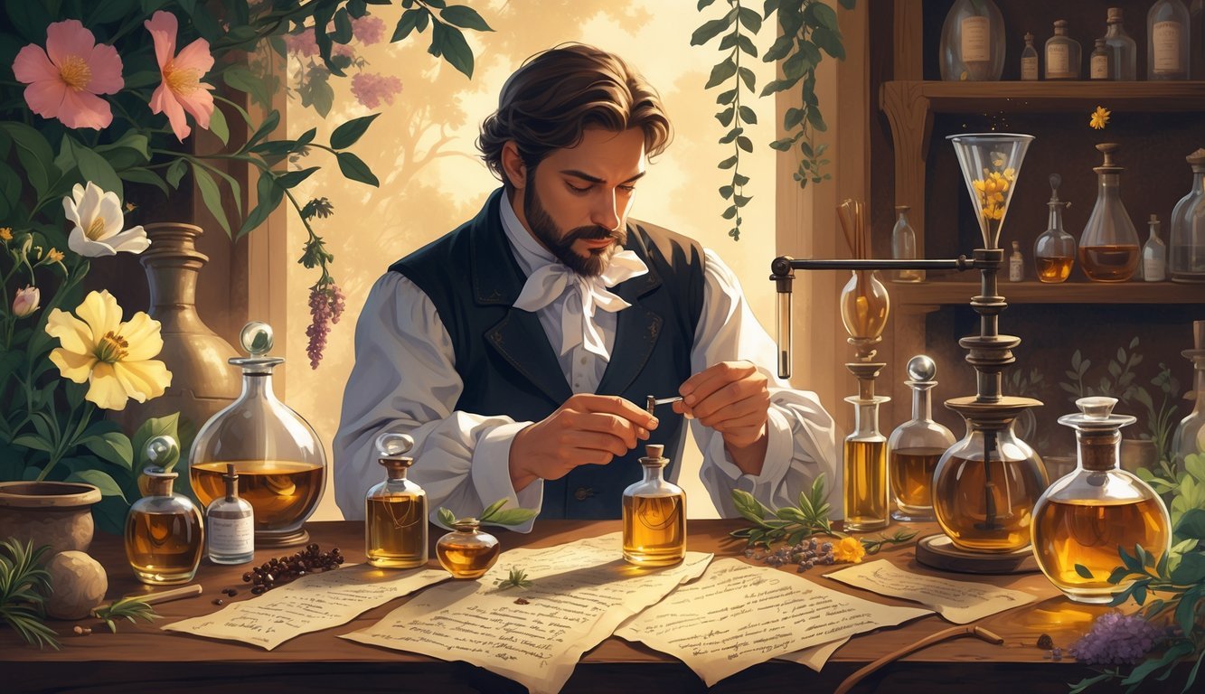 A perfumer at a vintage workspace surrounded by antique bottles, old recipe scrolls, and botanical illustrations, carefully examining a vial of perfume.
