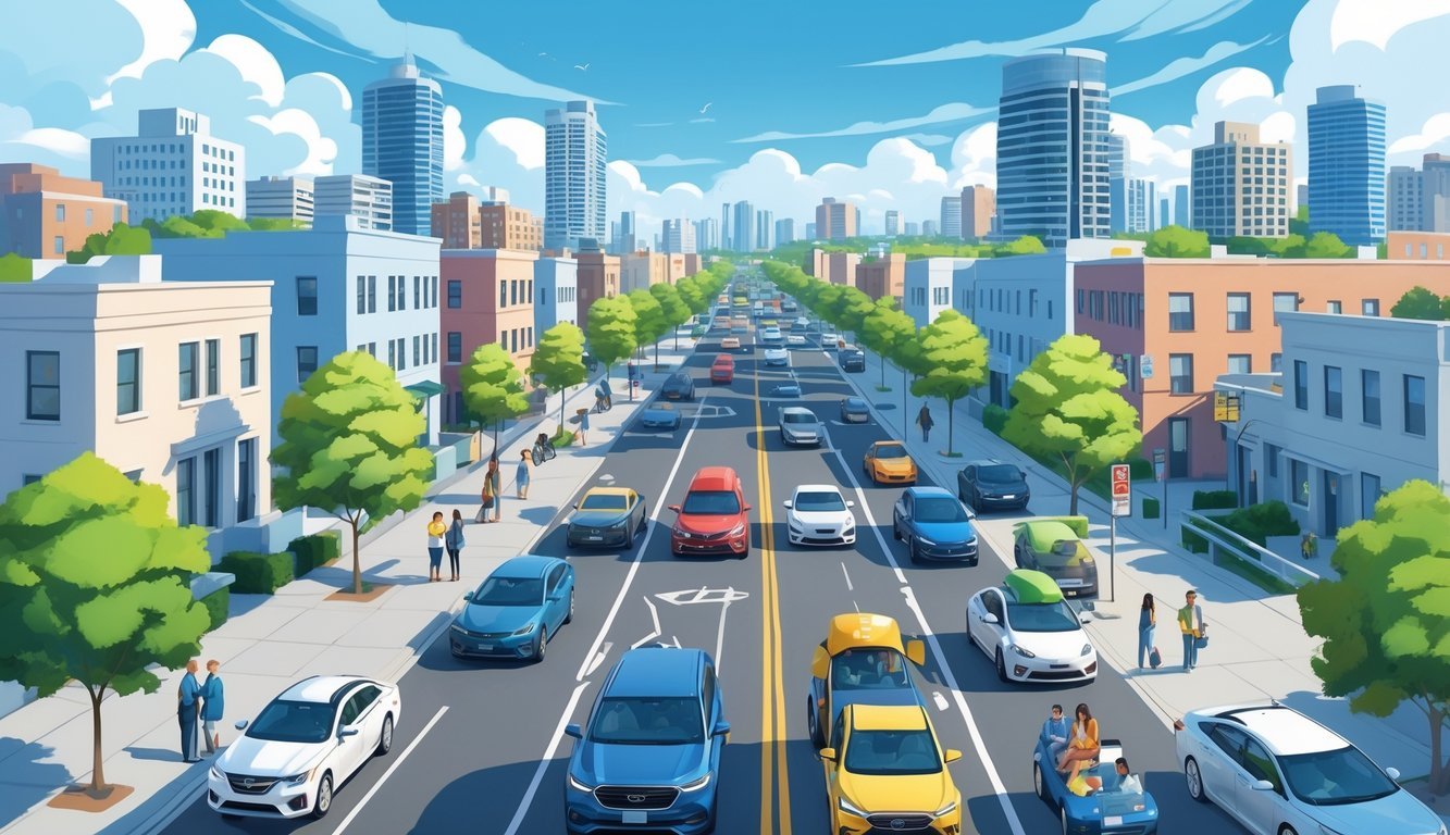 A busy city street with many cars parked and driving, including two ride-share vehicles representing Uber and Lyft, showing people using ride-sharing and personal vehicles in a growing urban area.