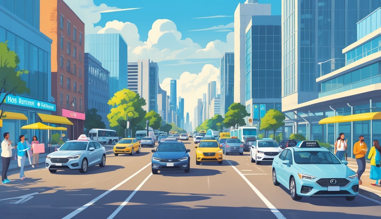 A busy city street showing people using ride-share cars and many others driving their own vehicles, with buildings and public transit in the background.