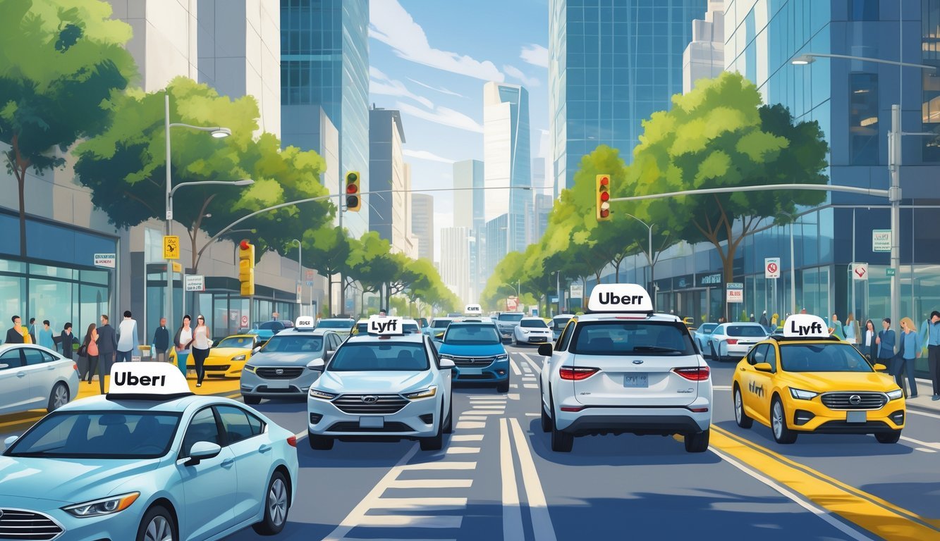 A busy city street with many cars and people, showing both ride-share vehicles and personal cars driving and parked along the road.