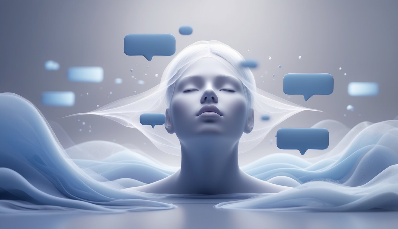 A person with a closed mouth surrounded by fading speech bubbles and abstract shapes, conveying silence and inability to speak in a dreamlike setting.