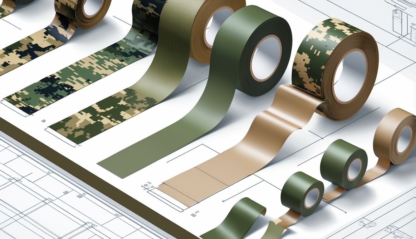An organized display of various army tapes in different camouflage patterns and colors, shown as rolls and strips with schematic diagrams in the background illustrating their specifications.