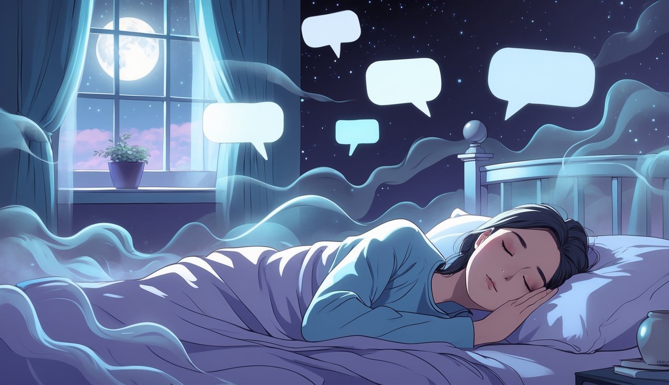 A person sleeping peacefully in a dimly lit bedroom at night with empty speech bubbles floating around them, surrounded by soft mist representing a dream.