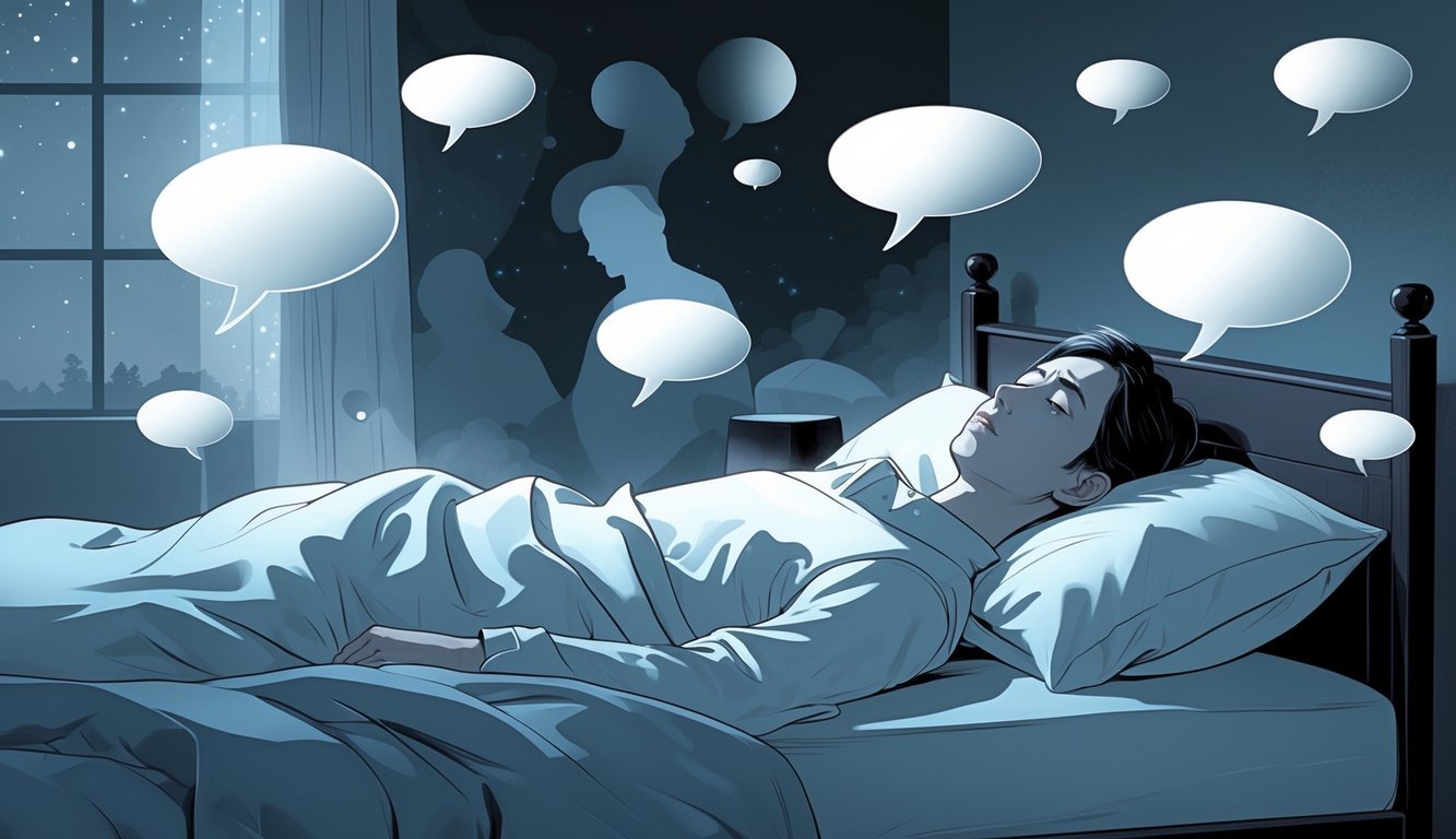 A person lying in bed with eyes closed, surrounded by fading speech bubbles and abstract shapes representing silent dreams and inner thoughts.