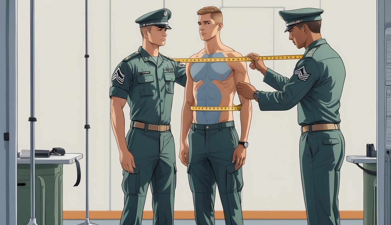 A soldier in uniform is being measured with a tape by a military personnel during a body fat assessment.