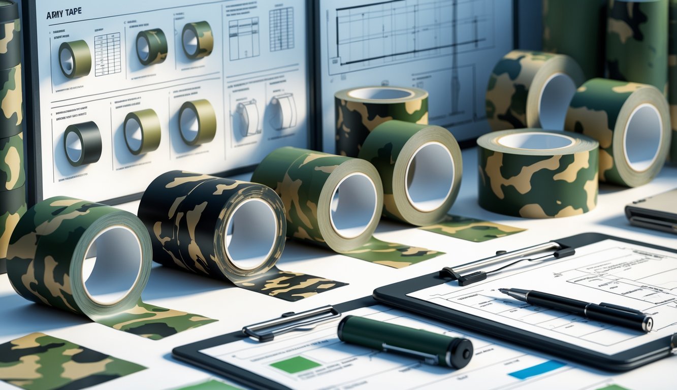 A workspace with rolls of army camouflage tape, technical documents, and a clipboard on a desk with a blueprint in the background.