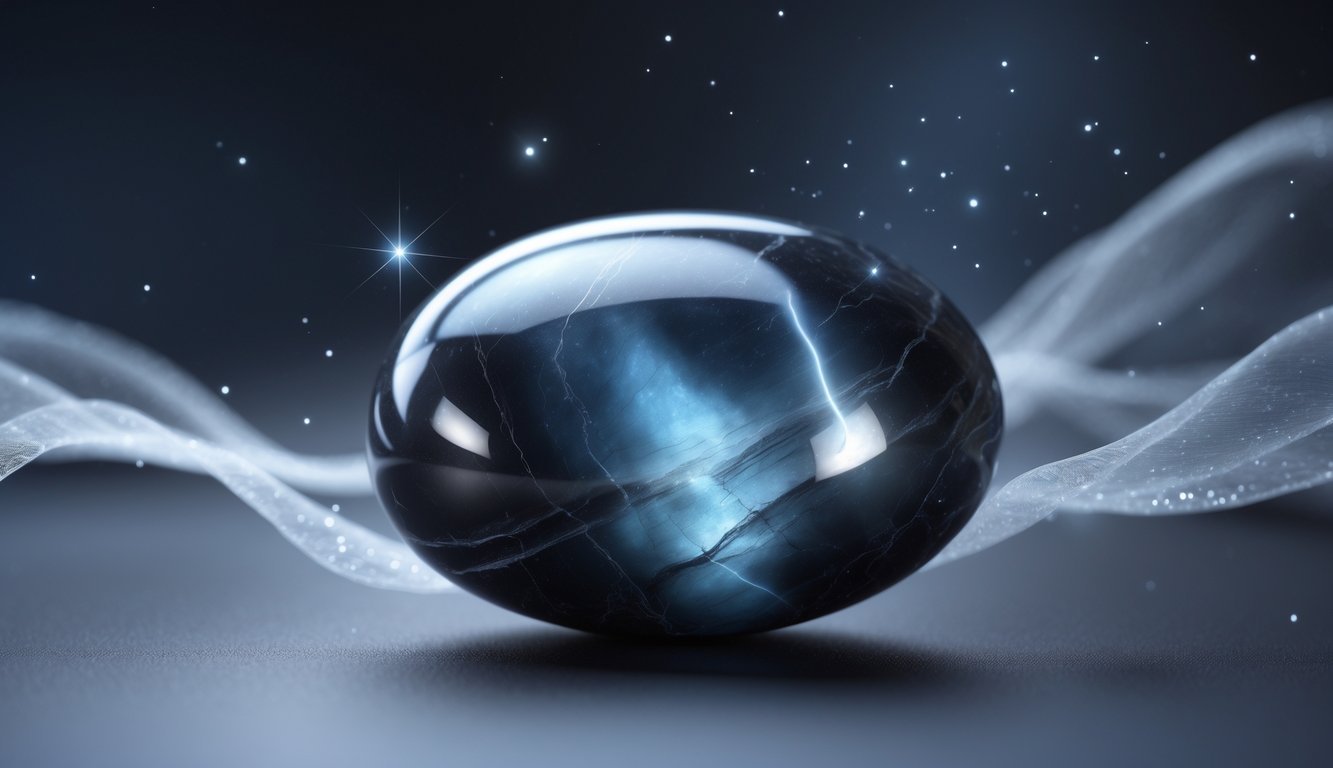 A polished black moonstone gemstone with blue and silver light reflections on a dark background.